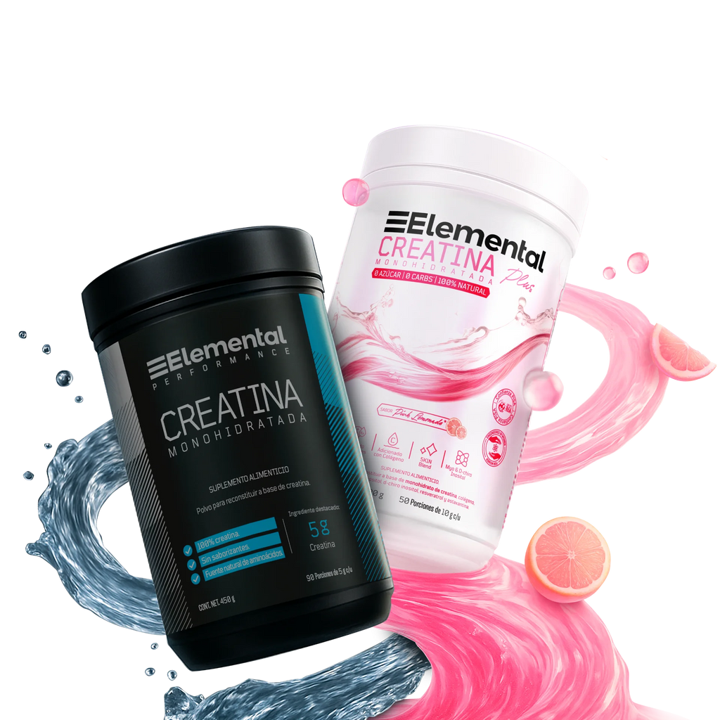 Elemental Creatine Monohydrate and Creatine Plus tubs with water splashes